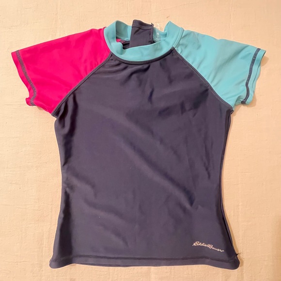Eddie Bauer Kids Size Small 7/8 Swim Shirt Rash Guard Short Sleeve Blue Beach - Picture 1 of 5